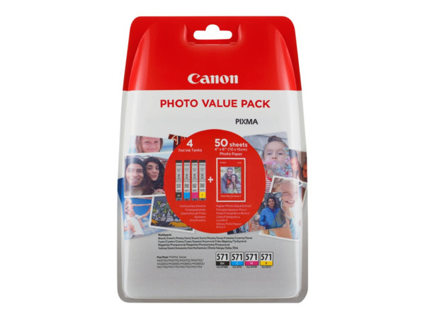 Canon CLI571 Pack de 4 Cartuchos de Tinta Originales - 50 Hojas de Papel Fotografico - 0386C006