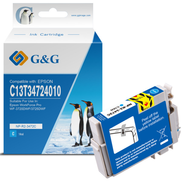 Compatible G&G Epson T3472/T3462 (34XL) Cyan Cartucho de Tinta Pigmentada Generico - Reemplaza C13T34724010/C13T34624010