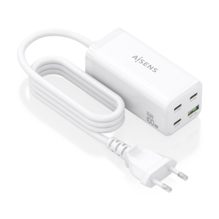 Aisens Cargador GAN 100W - 3xUSB-C PD3.0, QC4.0, QC5.0 - 1xUSB-A QC3.0 - Cable 1.4 Metros - Color Blanco
