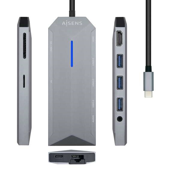Aisens Dock 9 en 1 Hub USB-C 3.0 con 3x USB-A 3.0, 1x HDMI 1x RJ45, 1x PD 100W, 1x Audio 3.5mm, 1x Lector SD, 1x Lector MicroSD