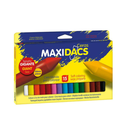 Alpino Maxidacs Pack de 15 Ceras Blandas para NiÃ±os - TamaÃ±o Extra Grande 120mm x 14mm - Etiqueta Anti-Manchas - Ideal para Grandes Artistas - Colores Surtidos