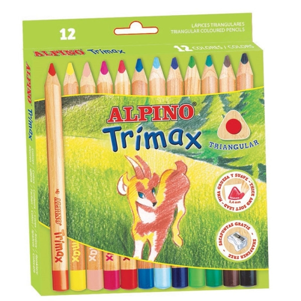 Alpino Trimax Pack de 12 Lapices de Colores Triangulares Gruesos + Sacapuntas - Mina de 5.4mm - Resistente al Agua - Bandeja Ext