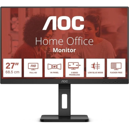 AOC Monitor 27" LED IPS FullHD 1080p 75Hz - Respuesta 4ms - Ajuste de Altura - Angulo de Vision 178Â° - Altavoces Incorporados - USB, HDMI, VGA, Audio - Montaje VESA 100x100