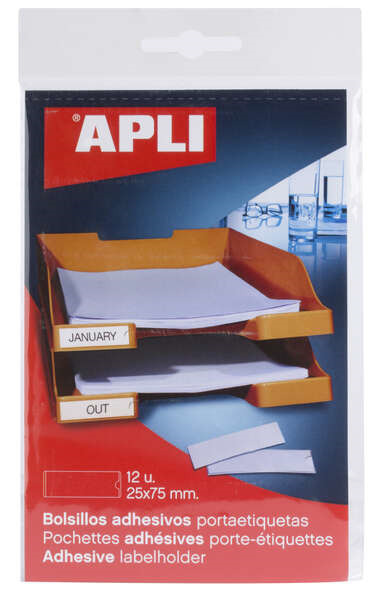 Apli Bolsillos Adhesivos para Etiquetas - Tamaño 25x75mm - Cambia la Informacion de la Etiqueta Segun tus Necesidades - Contien