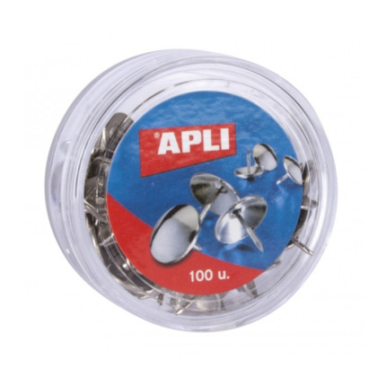 Apli Caja de 100 Chinchetas Niqueladas Ã 10mm - Cabeza Redondeada - Puntas Afiladas - Ideal para Corcho, Paredes, Tapicerias y Madera - Color Plata