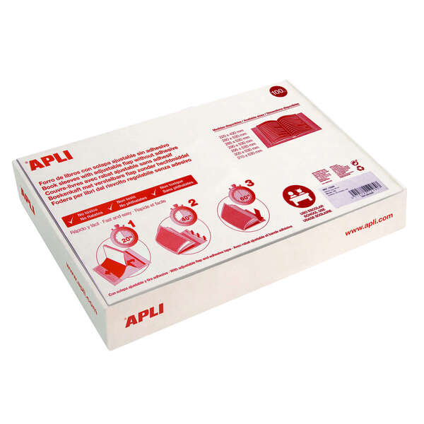 Apli Caja de 100 Forros para Libros 290mm PVC 130 micras - Solapa Autoajustable - Facil Forrado en 3 Pasos - Transparente