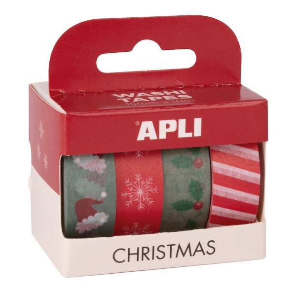Apli Christmas Pack con 4 Cintas Adhesivas de Papel Washi 15mmx10m - Tematica NavideÃ±a - 4 DiseÃ±os Diferentes - Decoracion y M