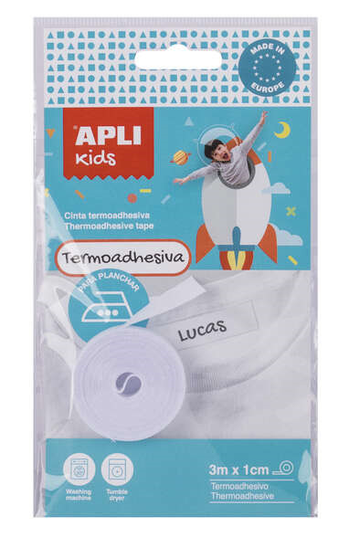 Apli Cinta Termoadhesiva para Marcar Ropa - 10mmx3m - 70% Poliester y 30% Algodon - Resistente a Lavadora y Secadora - Facil Uso