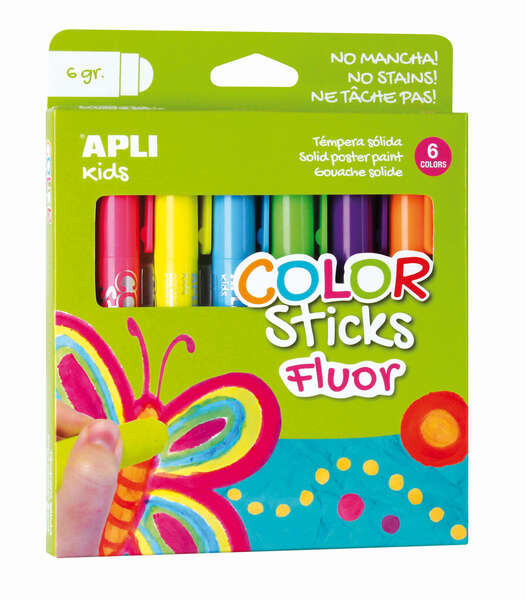 Apli Color Sticks Temperas Solidas Fluorescentes - Pack 6 Unidades de 6g - Acabado Satinado sin Necesidad de Barniz - Secado Rap