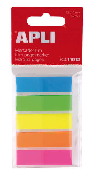 Apli Indices Adhesivos Film 45x12mm 5 Colores Fluorescentes - 25 Indices por Color - Facil de Pegar y Despegar - Ideal para Marc