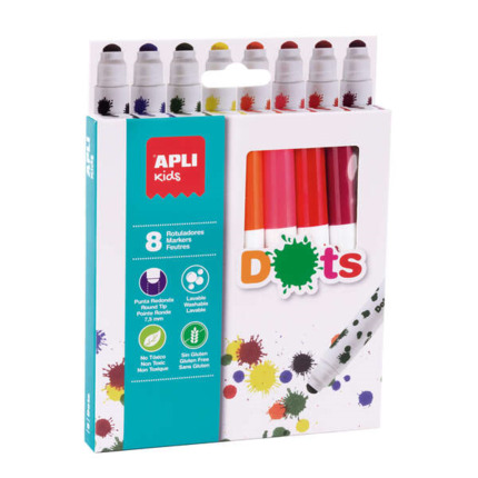 Apli Kids Dots Pack de 8 Rotuladores Punta Redonda Bloqueada de Ã 7.5mm - Facilmente Lavables - Capuchon Anti Asfixia- Colores Surtidos