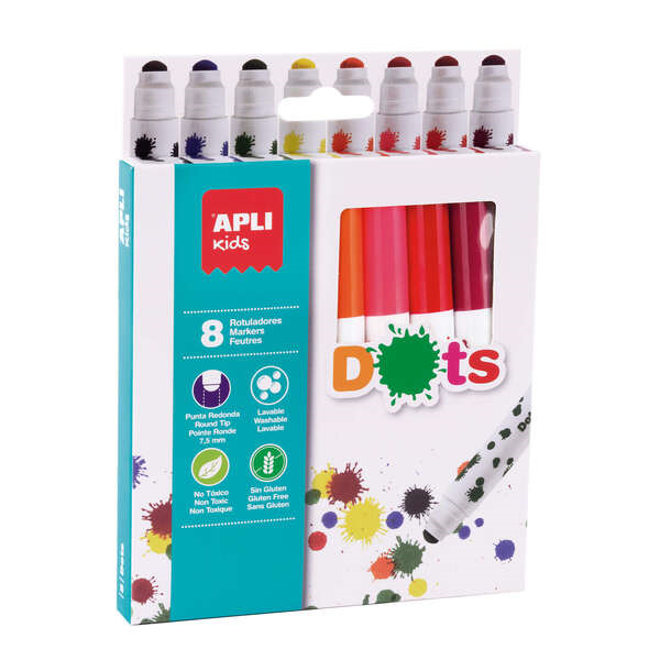 Apli Kids Dots Pack de 8 Rotuladores Punta Redonda Bloqueada de à 7.5mm - Facilmente Lavables - Capuchon Anti Asfixia- Colores