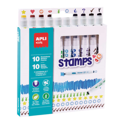 Apli Kids Stamps Pack de 10 Rotuladores con Doble Punta Sello y Rotulador - 10 Colores/Sellos Diferentes - Puntas Bloqueadas de Ã 7.5 mm - Capuchon Anti Asfixia - Colores Surtidos