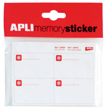 Apli Memory Sticker Pack de 140 Etiquetas Especial para Congelar 50x30mm - 35 Hojas x 4 Etiquetas - Cantos Romos - Adhesivo Removible Resistente hasta -40º - Color Blanco