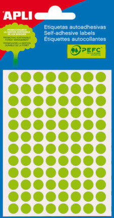 Apli Minibolsa de 288 Etiquetas Redondas Ø 8mm - 3 Hojas por 96 Etiquetas - Adhesivo Permanente - Color Verde Fluor