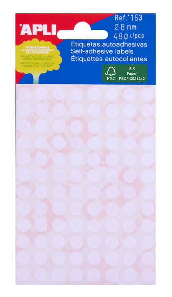 Apli Minibolsa de 480 Etiquetas Redondas à 8.0mm - 5 Hojas por 96 Etiquetas - Adhesivo Permanente - Color Blanco
