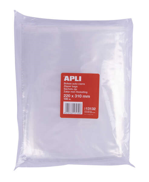 Apli Pack de 100 Bolsas Zip Auto Cierre Transparentes 220x310mm - Material LDPE - Cierre Seguro y Facil Manipulacion - Aptas par