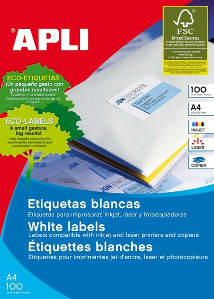 Apli Pack de 100 Etiquetas Permanentes - TamaÃ±o 210 x 297mm - Multiples Usos - Color Blanco