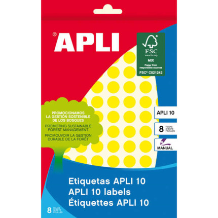 Apli Pack de 1.008 Etiquetas Redondas Ã 10mm - 8 Hojas por 126 Etiquetas - Adhesivo permanente - Aptas para Escritura Manual - Color Amarillo