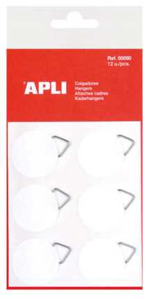 Apli Pack de 12 Colgadores Autoadhesivos Redondos Ã 30mm - Triangulo Metalico de Soporte - Base Adhesiva Blanca - Gran Resistencia - Ideal para Fotos, Calendarios y Posteres