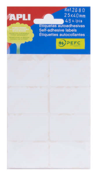 Apli Pack de 48 Etiquetas Rectangulares 25x40mm - 6 Hojas por 8 Etiquetas - Adhesivo Permanente - Cantos Romos - Aptas para Escr