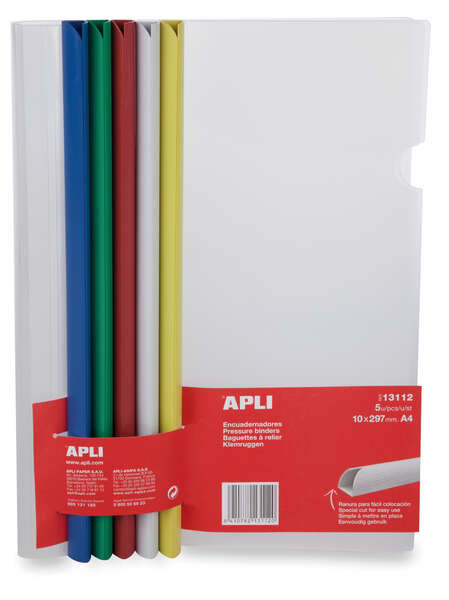 Apli Pack de 5 Encuadernadores Deslizantes 10x297mm - Capacidad de 100 Hojas - Con Funda Transparente - Ranura para Facil Inserc