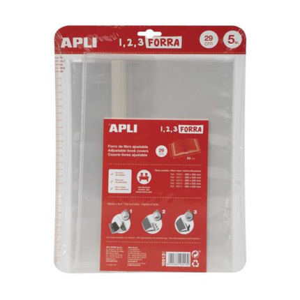 Apli Pack de 5 Forros para Libros 290mm de Polipropileno 75 micras - Solapa Autoajustable - Facil Forrado en 3 Pasos - Sin Necesidad de Cortar ni Usar Cinta Adhesiva - Transparente