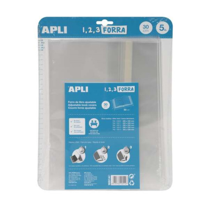 Apli Pack de 5 Forros para Libros 300mm de Polipropileno 75 micras - Solapa Autoajustable - Facil Forrado en 3 Pasos - Sin Necesidad de Cortar ni Usar Cinta Adhesiva - Transparente