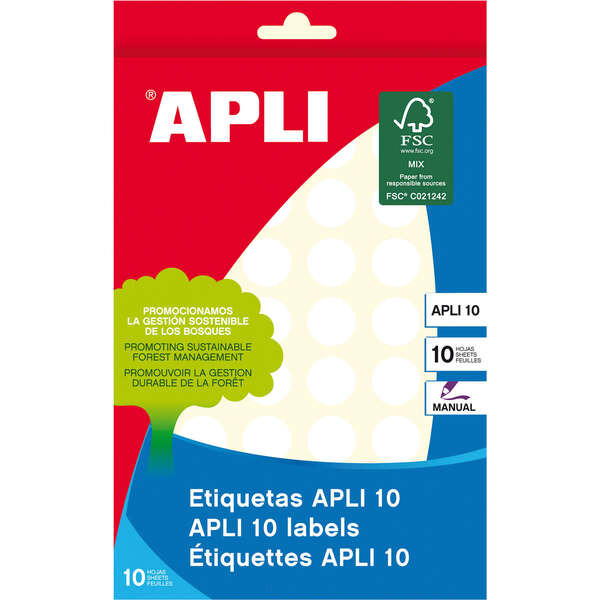 Apli Pack de 540 Etiquetas Redondas Ã 16mm - 10 Hojas por 54 Etiquetas - Adhesivo Permanente - Color Blanco