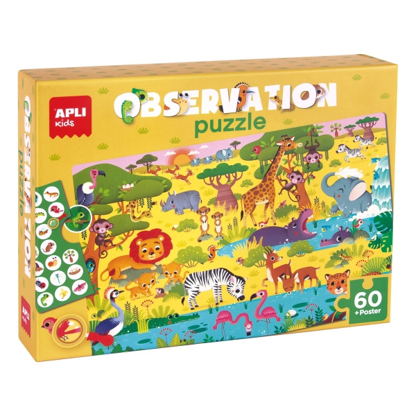 Apli Puzzle Observacion Junior Jungla de 60 Piezas de 6x6cm - Incluye Poster y 1 Ficha con Diferentes Objetos - Desarrolla la Co