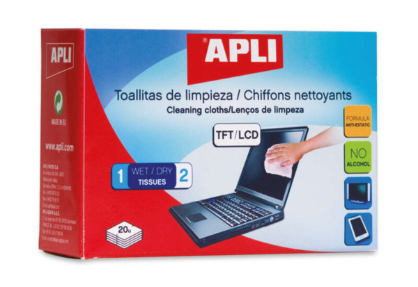 Apli Toallitas de Limpieza para Equipos Electronicos - Propiedades Antiestaticas - Incluye 20 Sobres con Toallita Humeda y Seca
