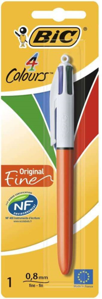 Bic 4 Colours Original Fine Boligrafo de Bola Retractil - Punta Fina de 0.8mm - Tinta con Base de Aceite - Cuerpo Rojo/Blanco -