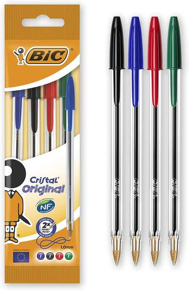Bic Cristal Original Pack de 4 Boligrafos de Bola - Punta Redonda de 1.0mm - Trazo 0.4mm - Tinta con Base de Aceite - Colores Su