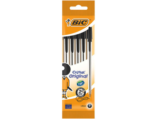 Bic Cristal Original Pack de 5 Boligrafos de Bola - Punta Redonda de 1.0mm - Trazo 0.4mm - Tinta con Base de Aceite - Color Negr