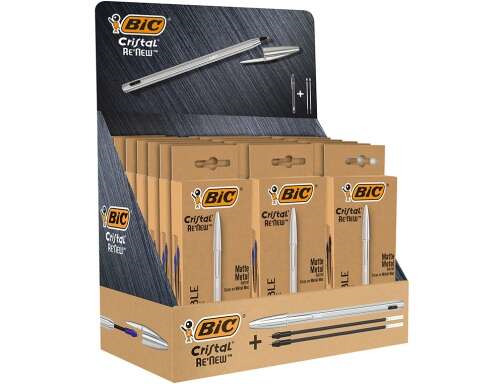 Bic Cristal Re´new Expositor de 21 Boligrafos de Bola con Cuerpo Metalico + 2 Recambios - 15 Tinta Azul y 6 Tinta Negra - Punta