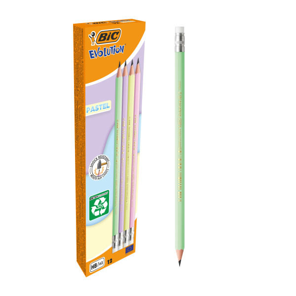 Bic Evolution Pastel Lapiz de Grafito Hexagonal con Goma - Mina HB Ultrarresistente - Sin Madera - No se Astilla - Colores Paste