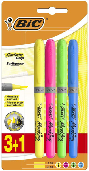 Bic Highlighter Grip Pack de 4 Marcadores Fluorescentes - Tinta con Base de Agua - Punta Biselada - Trazo entre 1.60 y 3.30mm -