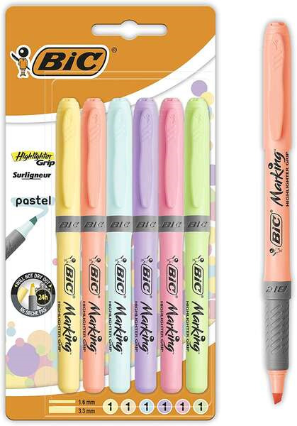 Bic Highlighter Grip Pack de 6 Marcadores Fluorescentes Pastel - Tinta con Base de Agua - Punta Biselada - Trazo entre 1.60 y 3.
