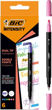 Bic Intensity Dual Tip Pack de 6 Rotuladores Doble Punta - Punta de Biselada + Punta Fina 0.04mm - Tinta con Base de Agua - Colores Surtidos