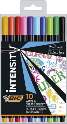 Bic Intensity Fine Pack de 10 Rotuladores - Punta Fina de 0.8mm - Trazo de 0.4mm - Tinta con Base de Agua - Colores Surtidos
