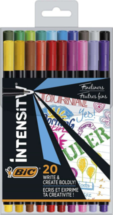 Bic Intensity Fine Pack de 20 Rotuladores - Punta Fina de 0.8mm - Trazo de 0.4mm - Tinta con Base de Agua - Colores Surtidos