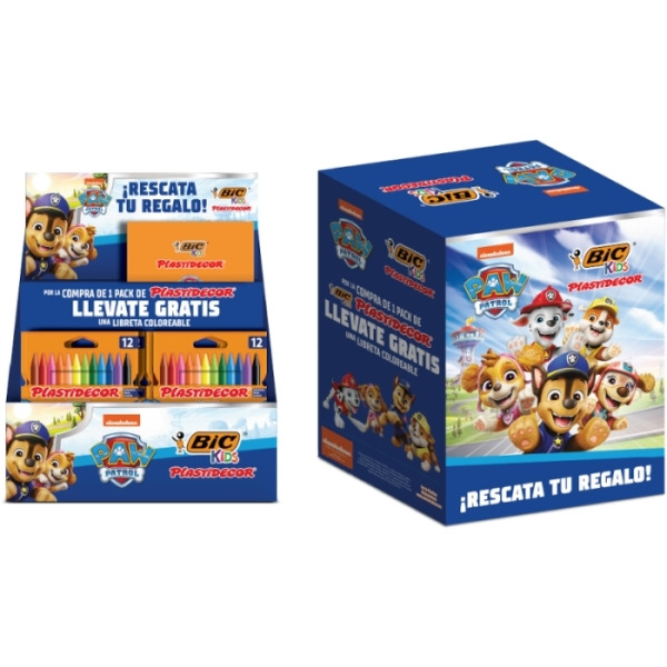 Bic Kids Plastidecor Patrulla Canina Expositor con 24 Packs de 12 Lapices de Cera + 24 Cuadernos de Colorear de la Patrulla Cani