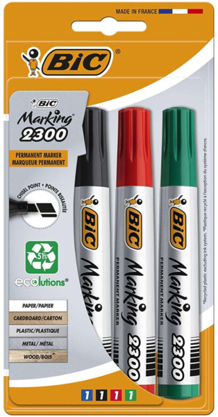 Bic Marking 2300 Ecolutions Pack de 4 Rotuladores Permanentes - Punta Biselada - Tinta con Base de Alcohol - Ecologico - Colores