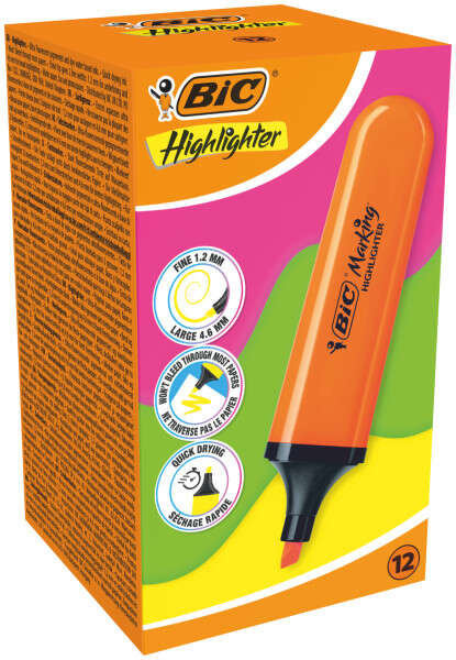 Bic Marking Highlighter Flat Marcador Fluorescente - Punta Biselada - Trazo entre 1.70 y 4.80 mm - Tinta con Base de Agua - Colo