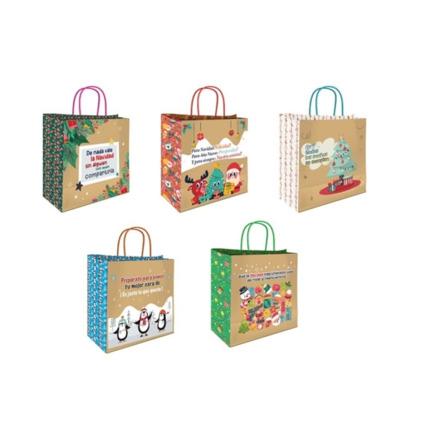 Bismark Bolsa de Papel Kraft con Mensajes NavideÃ±os - Medidas 26x8x24cm - 5 DiseÃ±os Diferentes