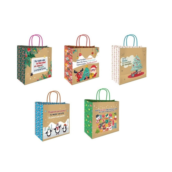Bismark Bolsa de Papel Kraft con Mensajes NavideÃ±os - Medidas 26x8x24cm - 5 DiseÃ±os Diferentes
