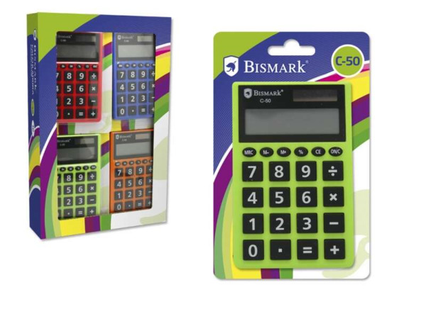 Bismark C-50 Calculadora Escolar de 8 Digitos - Funciones Basicas y Memoria - Alimentacion Solar y a Pilas - Colores Aleatorios