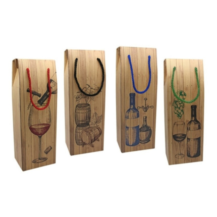Bismark Caja/Bolsa de Carton con Asa para Botellas - Acabado Efecto Madera - Medidas 12,5x10x36cm - 4 DiseÃ±os Surtidos