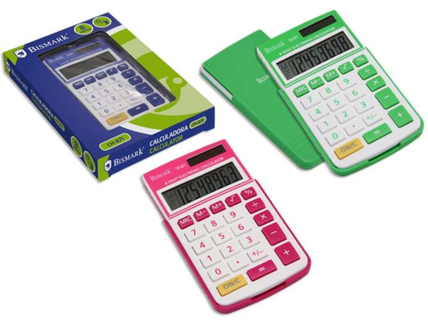 Bismark Calculadora Escolar de 8 Digitos - Tapa Dura - Funciones Basicas y Memoria - Alimentacion Solar y a Pilas - Colores Surt
