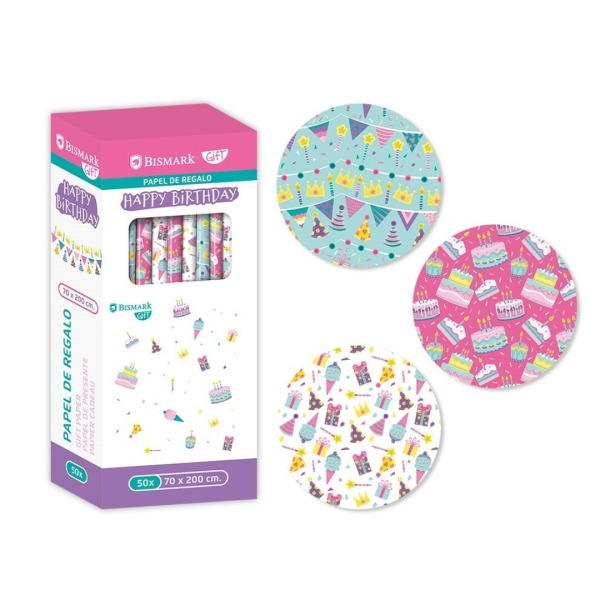 Bismark Happy Birthday Rollo de Papel Regalo - Medidas 70cmx200cm - 3 DiseÃ±os Diferentes